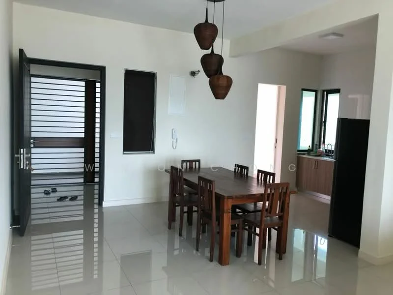 Dining features: dining table with 6 wooden chairs, white painted walls, glossy tile flooring, pendant lighting with 3 hanging bulbs, large windows with black frames, open layout to kitchen, doorway leading to hallway, wall-mounted intercom, decorative wall paneling; style: modern. Kitchen features: kitchen cabinetry with wood finish, black refrigerator, countertop with sink, window above sink, kitchen appliances visible; style: modern. Hallway features: door leading to exterior, sliding door with horizontal slats.