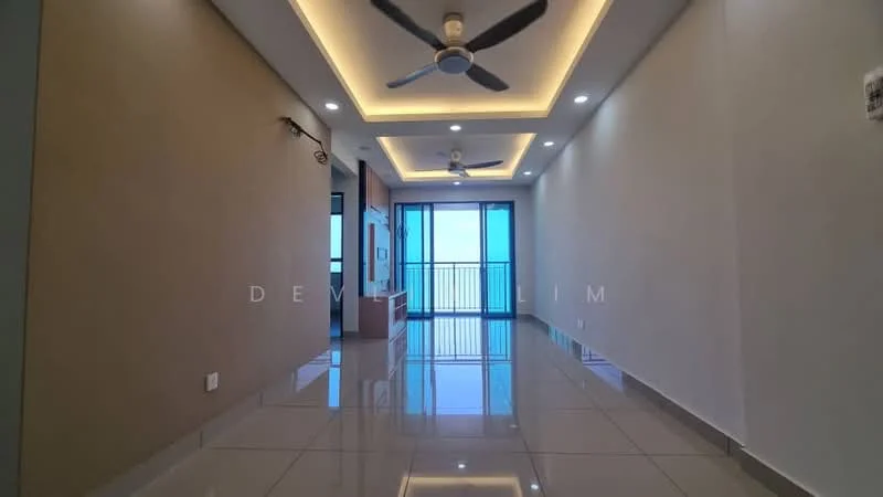 Room features: glossy tile flooring, white painted walls, recessed ceiling with LED lighting, 2 ceiling fans, floor-to-ceiling windows, sliding glass door, balcony access, neutral color scheme; style: modern; view: sea.
