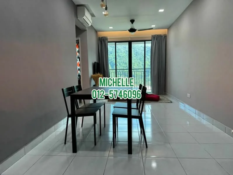 Dining features: white painted walls, glossy white tile flooring, 5-blade ceiling fan with light, dining table with four black chairs, floor-to-ceiling windows, grey curtains, view of greenery, recessed lighting; style: modern; view: garden.