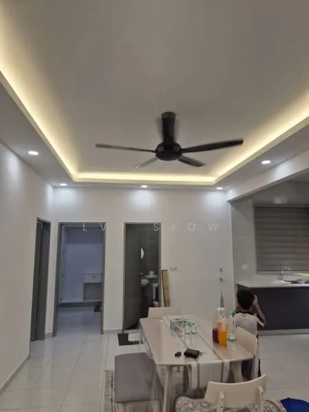 Room features: white painted walls, recessed ceiling lights, 5-blade ceiling fan with light, tile flooring, dining table with chairs, kitchen area visible in background, open layout, neutral color palette; style: modern.