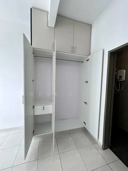 Room features: built-in wardrobe, white cabinetry, sliding doors, single drawer, tile flooring, neutral wall color, corner shelving, wall-mounted electrical unit; style: modern.