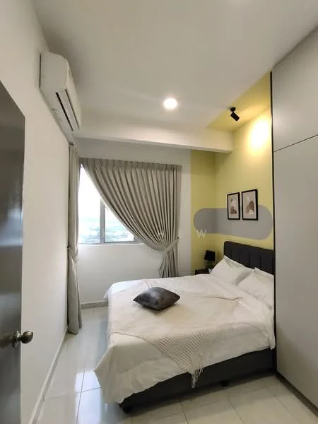 Bedroom features: queen-size bed, upholstered headboard, white bedding, decorative throw pillow, floor-to-ceiling window, sheer curtains, grey accent wall, white painted walls, recessed downlights, wall-mounted split AC, tile flooring; style: modern; view: city.