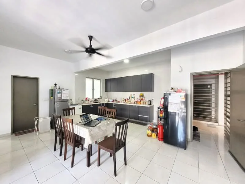 Kitchen features: grey cabinetry, white tiled backsplash, stainless-steel fridge, built-in oven, 4-burner gas hob, single-bowl stainless-steel sink, chrome pull-down faucet, white walls, recessed downlights, ceiling fan, dining table with 6 chairs, open shelving, fire extinguisher, window with view, tile flooring; style: modern.