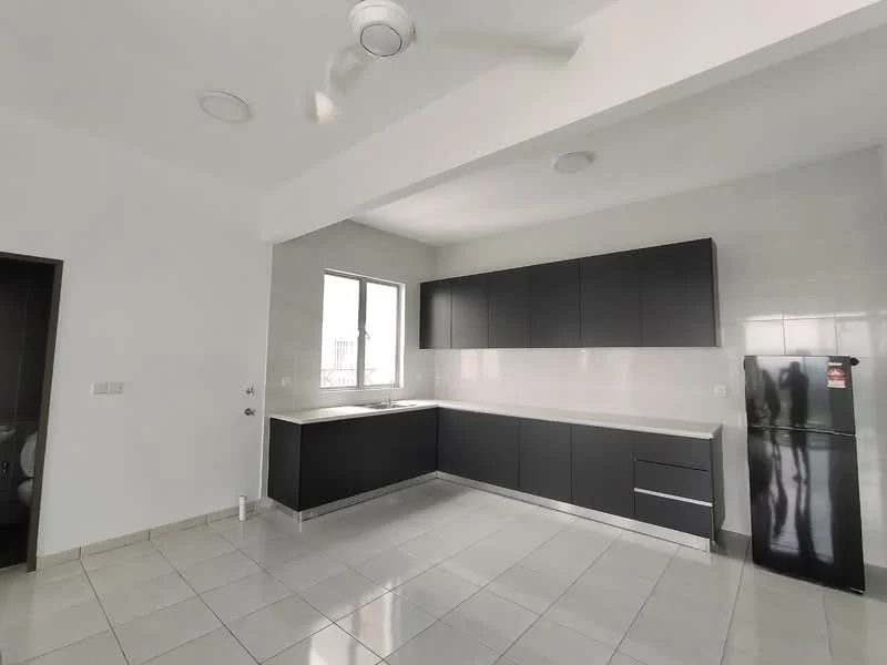 Kitchen features: black cabinetry, white countertop, stainless-steel fridge, single-bowl stainless-steel sink, chrome pull-down faucet, ceramic tile flooring, white painted walls, ceiling fan, window with city view, recessed downlights; style: modern; view: city.