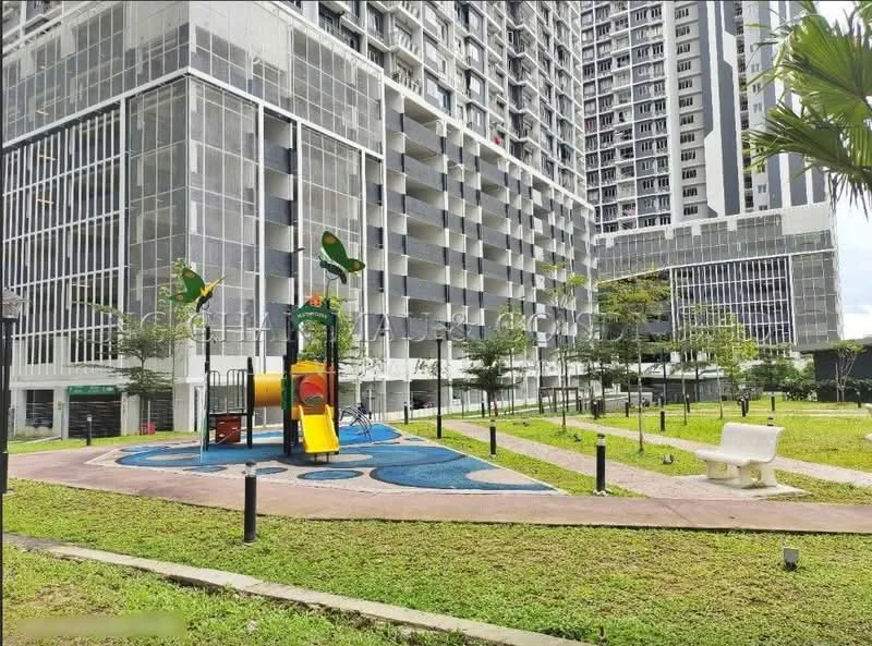Exterior type: high-rise condominium; features: playground with slide and climbing structure, manicured lawn, landscape garden with trees, paved walkway, benches, surrounding high-rise buildings, open green space; style: modern.