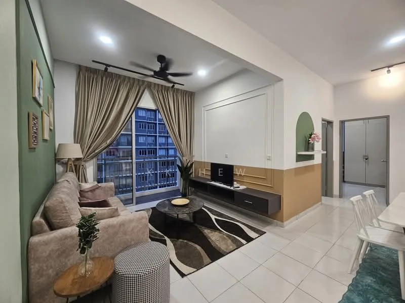 Living features: 3-seater fabric sofa in light beige, coffee table, TV console with wall-mounted TV, area rug with abstract pattern, floor-to-ceiling windows, sheer curtains, 5-blade ceiling fan with light, decorative wall paneling, green accent wall, dining table with chairs, sliding glass door leading to balcony; style: modern; view: city. Room features: white walls, tile flooring, recessed lighting.