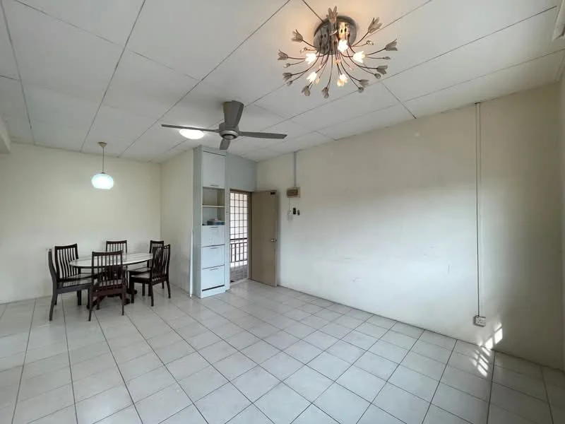 Living features: white painted walls, tile flooring, 5-blade ceiling fan with light, chandelier, dining table with 4 chairs, built-in cabinetry, door leading to hallway, window with natural light; style: minimalist.