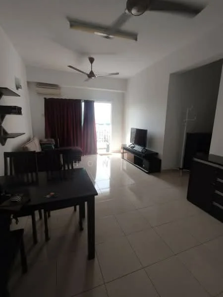 Living features: cream painted walls, glossy ceramic tile flooring, ceiling fan, large window with city view, dark wood TV console, wall-mounted TV, dining table with four chairs, sofa, curtains, air conditioning unit; style: modern; view: city.