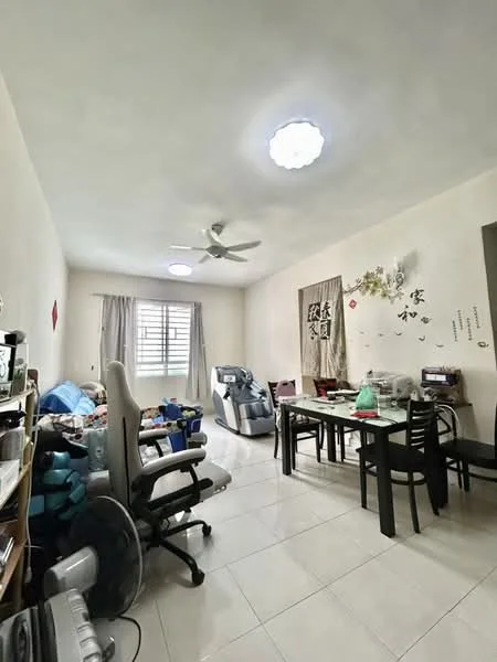 Living features: white painted walls, glossy ceramic tile flooring, 5-blade ceiling fan with light, large window with sheer curtains, dining table with chairs, recliner chair, bookshelf, decorative wall art, various household items, area rug; style: modern.