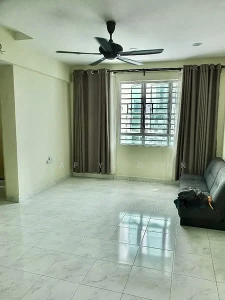 Living features: white painted walls, glossy ceramic tile flooring, 5-blade ceiling fan in black, floor-to-ceiling windows, sheer curtains, grey fabric sofa, decorative throw on sofa, natural light from window; style: modern; view: city.