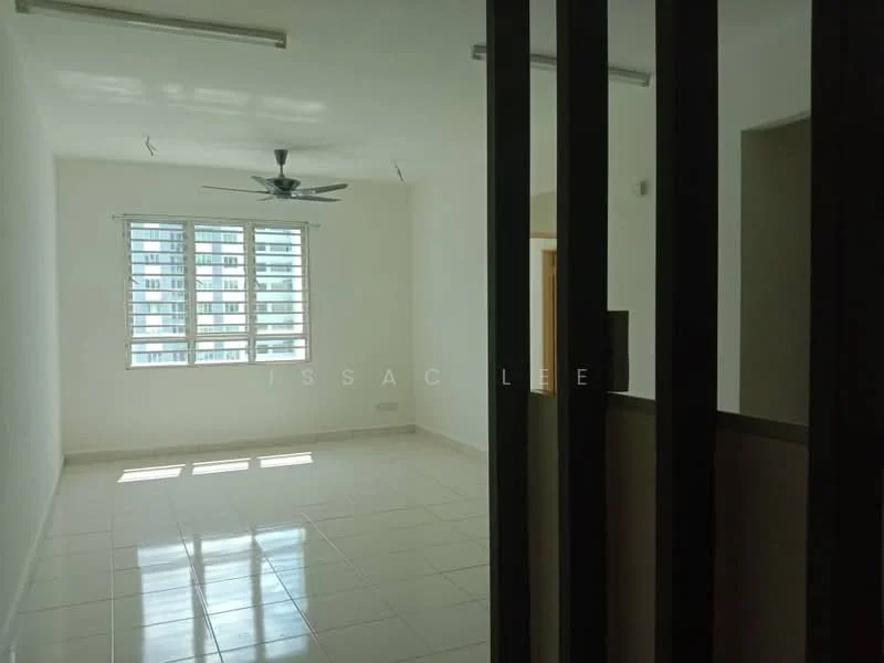 Living features: white painted walls, glossy ceramic tile flooring, 5-blade ceiling fan with light, floor-to-ceiling windows, natural light from windows, window treatments not visible, no visible furniture, neutral color scheme; style: modern; view: city.