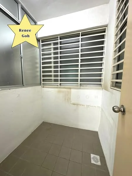Room features: grey tiled flooring, white painted walls, metal window grills, sliding windows, drainage grate on floor, corner room, natural light from windows.
