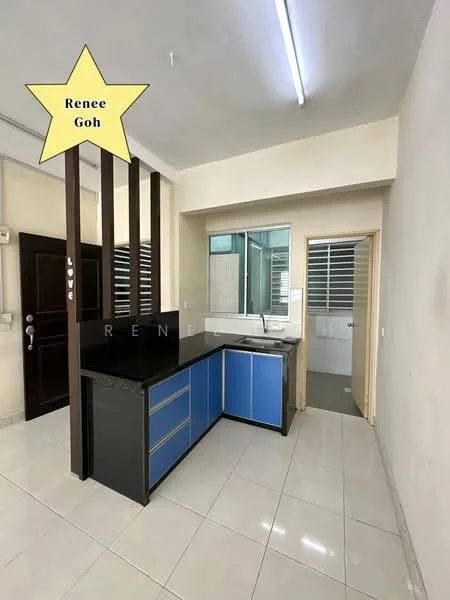 Kitchen features: black countertop, blue cabinetry, stainless-steel sink, chrome faucet, tile backsplash, white walls, ceramic tile flooring, recessed lighting, open layout, window with natural light, doorway leading to another room; style: modern.