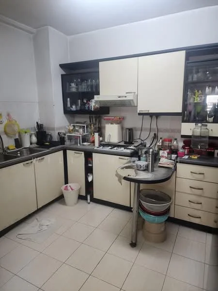 Kitchen features: black and cream cabinetry, stainless-steel sink, chrome pull-down faucet, built-in gas stove, exhaust hood, microwave, toaster, countertop with clutter, tile flooring, glass-front upper cabinets, open shelving, waste bin, multiple containers, kitchen utensils, dish rack.