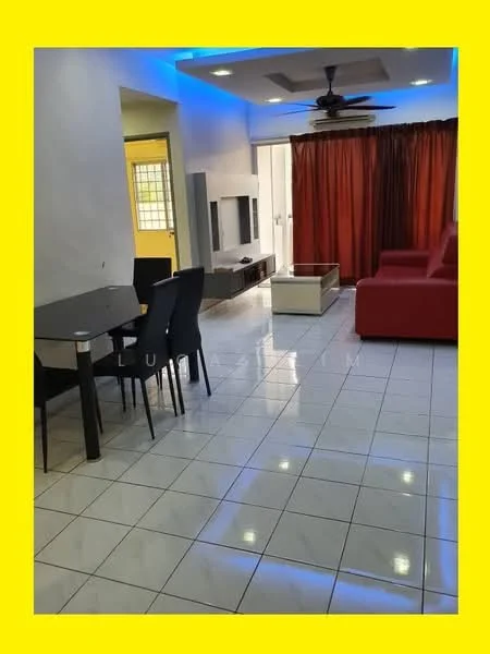 Living features: white painted walls, glossy ceramic tile flooring, recessed ceiling lights, 5-blade ceiling fan with light, large sliding glass door, red fabric sofa, glass coffee table, TV console, dining table with 4 black chairs, curtains in dark red; style: modern.