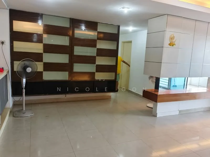 Room features: cream tiled flooring, white painted walls, wooden feature wall with glass panels, built-in shelving unit, ceiling lights, wall-mounted fan, open layout, neutral color scheme; style: modern.