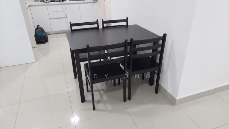 Dining features: black dining table, 4 black wooden chairs, glossy tile flooring, white painted walls, kitchen visible in background; style: modern.