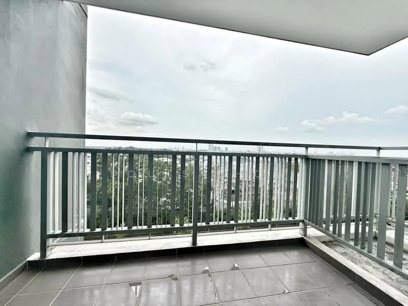 Room features: balcony, metal railing, grey walls, grey tiled flooring, city view, overhead cover; style: modern; view: city.