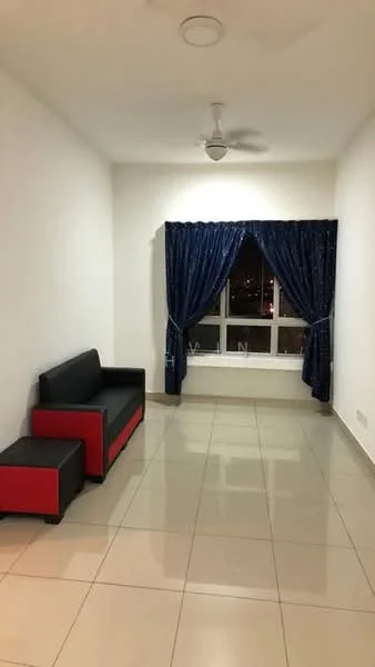 Living features: white painted walls, glossy ceramic tile flooring, 5-blade ceiling fan, floor-to-ceiling window, blue curtains, black sofa with red accents, red side table, city view; style: modern; view: city.