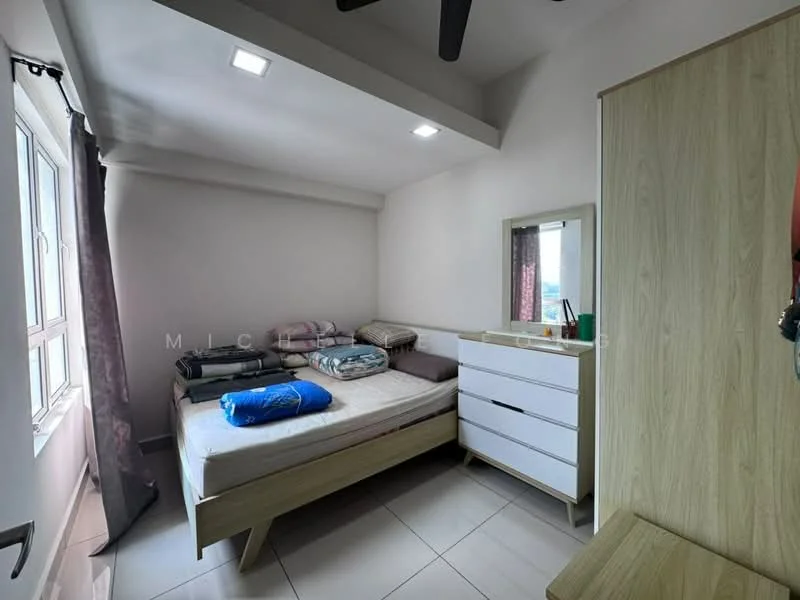 Bedroom features: queen-size bed, upholstered headboard, bedding with pillows, wooden bedside table, white dresser with drawers, mirror on dresser, floor-to-ceiling windows, curtains, light grey walls, recessed ceiling lights, ceiling fan; style: modern; view: city.