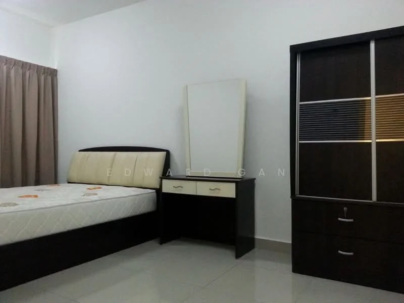Bedroom features: queen-size bed with beige headboard, white mattress, brown wooden bedside table, brown wooden dresser with mirror, brown wooden wardrobe with sliding doors, cream curtains, white painted walls, glossy tile flooring, recessed ceiling lights; style: modern.