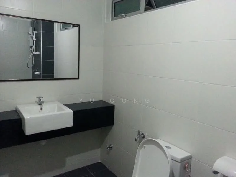 Bathroom features: white ceramic wall tiles, dark grey floor tiles, single-sink vanity with square ceramic sink, chrome basin mixer faucet, large framed mirror, toilet, shower with wall-mounted showerhead, glass shower enclosure; style: modern.