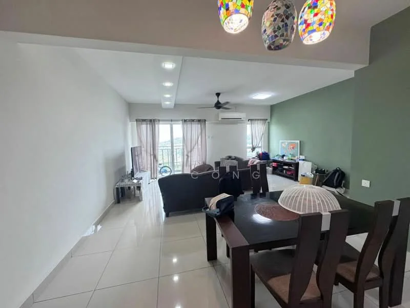 Living features: white painted walls, green accent wall, marble tile flooring, 5-blade ceiling fan with light, sofa in dark color, coffee table, TV console, wall-mounted TV, floor-to-ceiling windows with sheer curtains, dining table with four chairs, decorative pendant lights; style: modern; view: city.