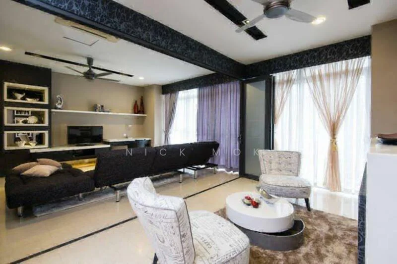 Living features: black fabric sectional sofa, 2 accent chairs with patterned upholstery, white coffee table, area rug with plush texture, wall-mounted TV, floating TV console, ceiling fan with light, recessed downlights, floor-to-ceiling windows with sheer curtains, dark accent wall with decorative elements, light-colored tiled flooring; style: modern; view: city.