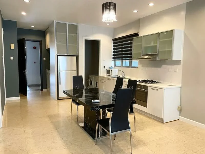 Kitchen features: black marble dining table, 4 black dining chairs, white cabinetry with glass fronts, stainless-steel fridge, built-in oven, gas hob with 5 burners, stainless-steel range hood, white countertop, washing machine, black window blinds, tile flooring, recessed downlights, pendant light fixture; style: modern.