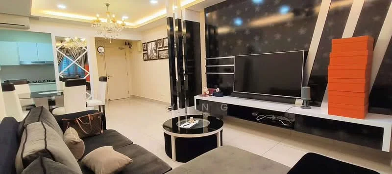 Living features: grey fabric sofa, black and white accent wall, flat-screen TV on white console, black circular coffee table, chandelier with multiple bulbs, recessed ceiling lights, white shelving unit, decorative wall art, light-colored tiled flooring; style: modern.