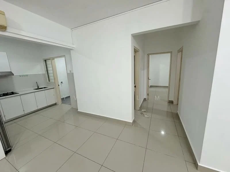 Kitchen features: white cabinetry, stainless-steel sink, gas hob, white tiled backsplash, countertop with space for appliances, open layout, tile flooring; style: modern. Hallway features: white painted walls, tile flooring, doorways leading to other rooms, natural light from adjacent rooms; style: modern.