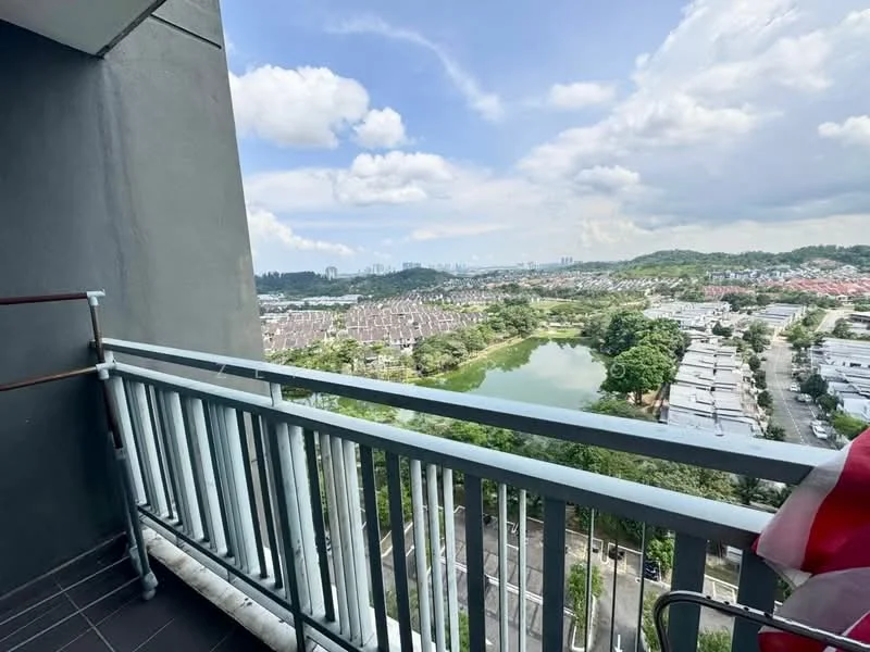 Balcony features: metal railing, grey tiled flooring, outdoor view, city skyline view, green landscape view, water body view; style: modern; view: city.