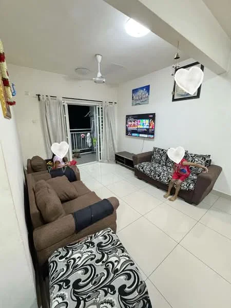 Living features: 3-seater fabric sofa in brown, 2-seater fabric sofa with patterned upholstery, wall-mounted TV, white painted walls, tile flooring, ceiling fan, curtains, sliding glass door leading to balcony, decorative wall art, coffee table, area rug with geometric pattern; style: modern; view: city.