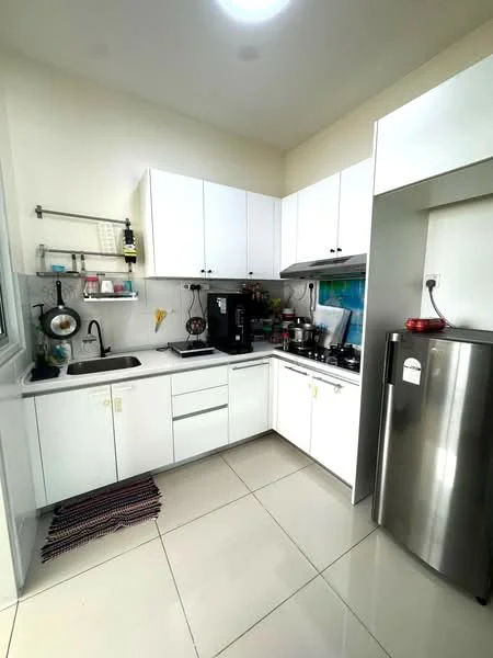 Kitchen features: white shaker cabinets, stainless-steel sink, chrome pull-down faucet, black coffee machine, built-in oven, freestanding range oven, stainless-steel fridge, ceramic tile flooring, grey countertop, wall-mounted shelving, kitchen rug, recessed downlights; style: modern.
