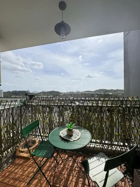 Room features: balcony, green metal table, two green metal chairs, decorative plant on table, wooden flooring, metal railing, outdoor light fixture, city view; style: modern; view: city.