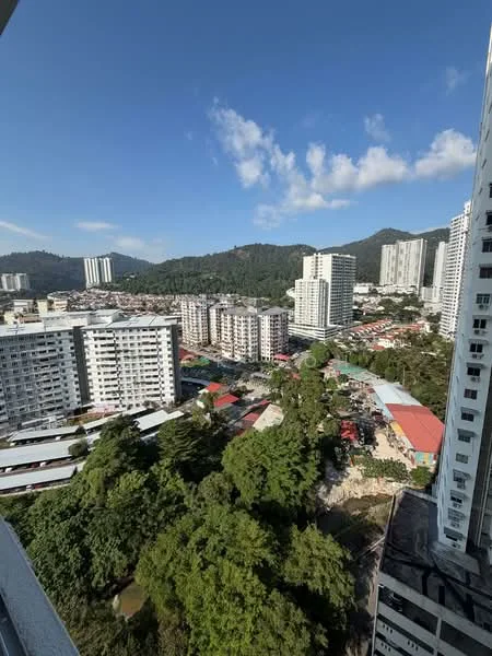 Exterior type: high-rise condominium; features: city skyline view, surrounded by greenery, multiple high-rise buildings, manicured lawn, residential area, mountain backdrop, clear blue sky, urban landscape; style: modern.