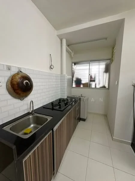 Kitchen features: single-bowl stainless-steel sink, chrome pull-down faucet, black granite countertop, white subway tile backsplash, 2-burner gas hob, wood cabinetry with horizontal grain, white walls, tile flooring, window with sheer curtains; style: modern.