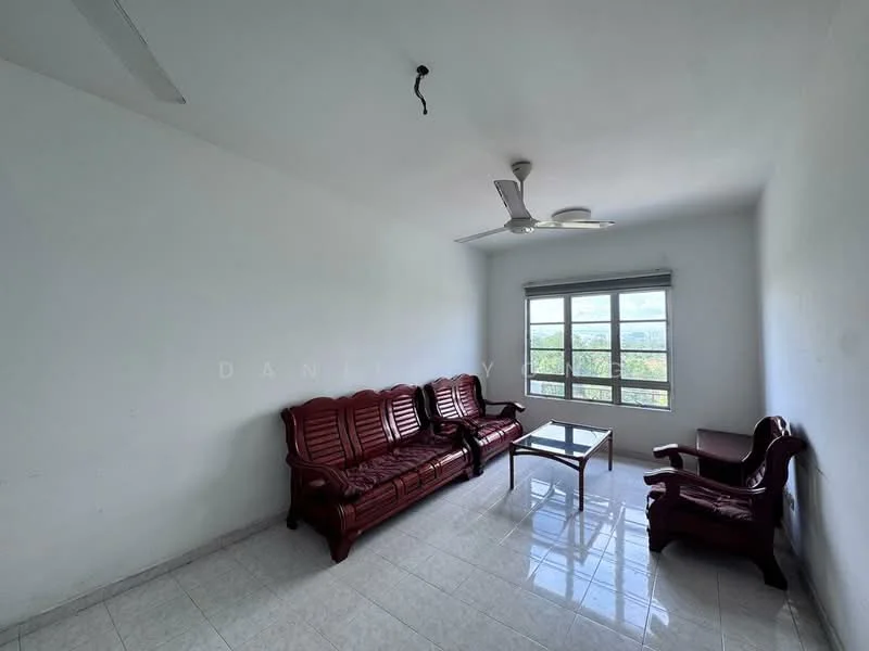 Living features: white painted walls, glossy ceramic tile flooring, 5-blade ceiling fan, large windows with city view, 2 red leather sofas, glass coffee table, single armchair, natural light from windows; style: minimalist; view: city.