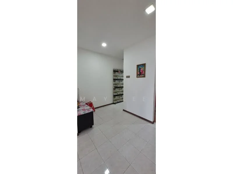 Room features: white painted walls, tile flooring, recessed downlights, framed artwork on wall, built-in shelving unit, corner with door, neutral color scheme; style: modern.
