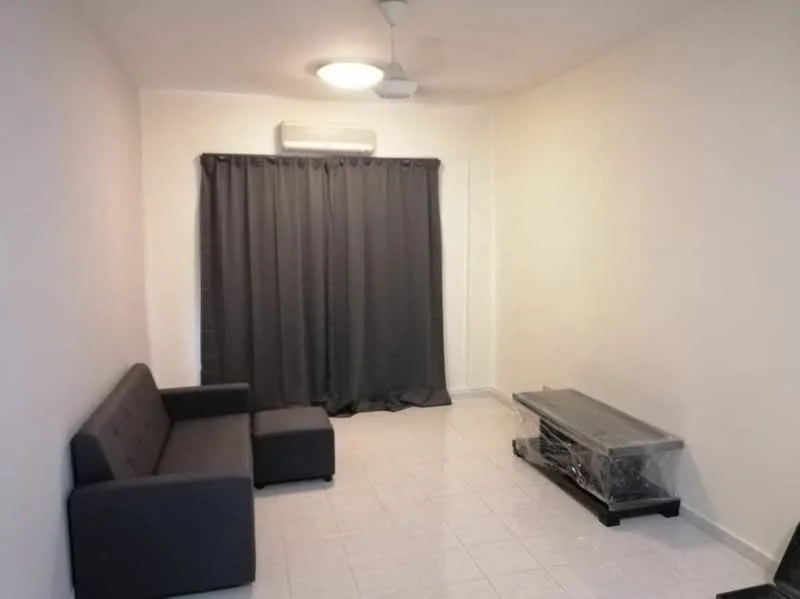 Living features: grey fabric sofa, small grey armchair, black TV console, white tiled flooring, white painted walls, ceiling fan, wall-mounted split AC, black curtains; style: modern.