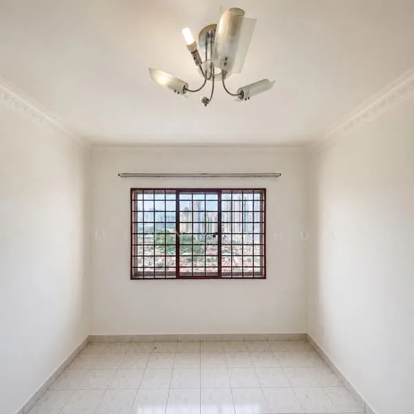 Room features: white painted walls, tile flooring, 5-blade ceiling fan with light, large window with grid pattern, curtain rod, crown moulding, city view visible through window; view: city.