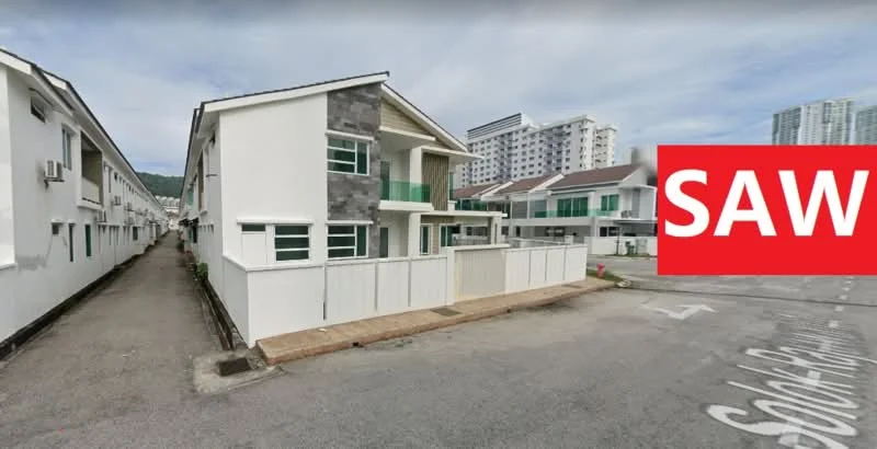 Exterior type: linked terrace house; features: white painted facade, grey stone cladding, two-storey structure, balconies with glass railings, manicured walkway, paved driveway, surrounded by other residential buildings, urban context with nearby high-rise buildings; style: modern.