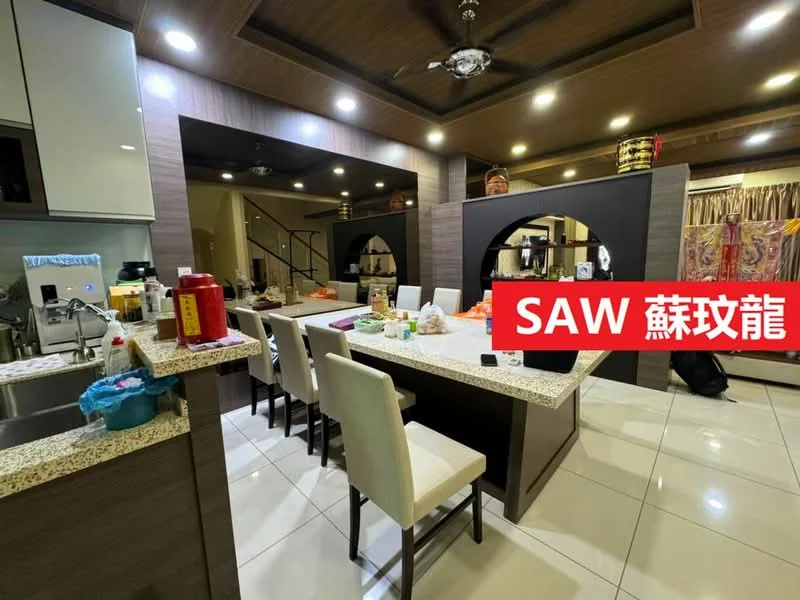 Kitchen features: granite countertop, kitchen island with seating, stainless-steel sink, chrome pull-down faucet, built-in cabinets, recessed downlights, ceramic tile flooring, white painted walls, open layout, bar stools, decorative wall arch, kitchen appliances visible; style: modern.