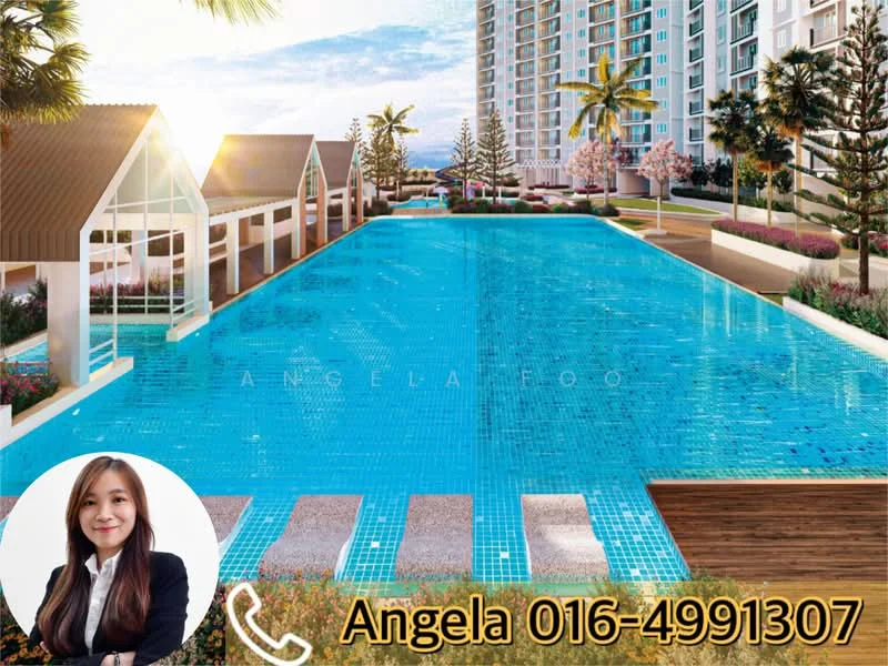 Exterior type: high-rise condominium; features: infinity pool, pool deck with loungers, landscaped garden, surrounded by palm trees, glass pavilion, manicured lawn, water features, modern architecture, residential buildings in background; style: modern.