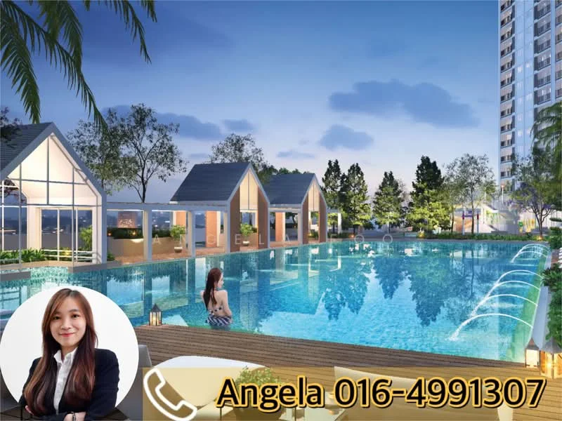 Exterior type: swimming pool deck; features: infinity pool, pool deck with loungers, landscaped garden, pavilions with seating, water features, surrounding greenery, modern architectural design, night lighting; style: modern.