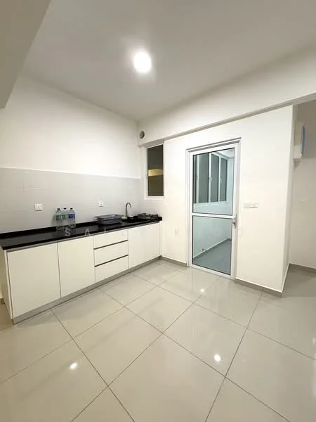 Kitchen features: black granite countertop, white cabinetry, stainless-steel sink, chrome pull-down faucet, built-in oven, ceramic tile flooring, recessed downlights, floor-to-ceiling window, sliding glass door, water bottles on countertop; style: modern.