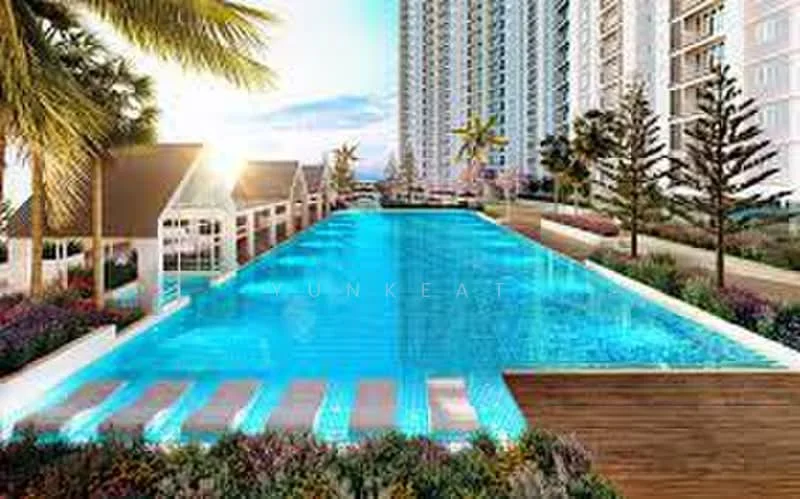 Exterior type: high-rise condominium; features: infinity pool, pool deck with loungers, landscaped garden, palm trees, manicured lawn, outdoor dining pavilion, surrounding greenery, modern architecture, water feature, sunset view; style: modern.