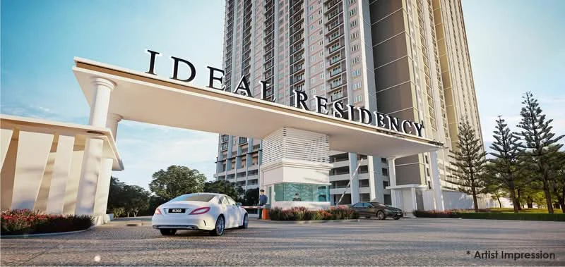 Exterior type: high-rise condominium; features: modern entrance gate, glass facade, landscaped garden, manicured lawn, paved driveway, security guardhouse, tall residential building, surrounding trees, visible parking area; style: modern.