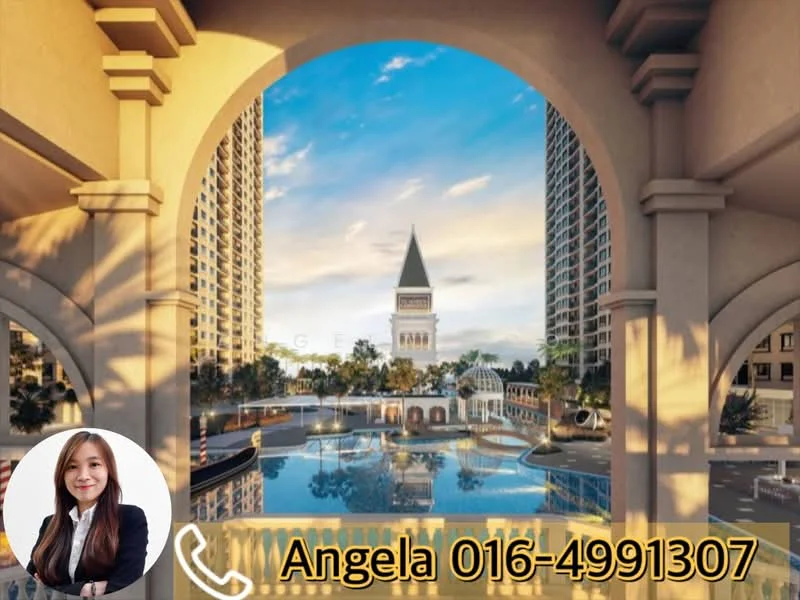 Exterior type: high-rise condominium; features: swimming pool, landscaped garden, tower with clock, arched entryway, surrounding palm trees, modern architecture, water feature, outdoor seating area; style: modern.