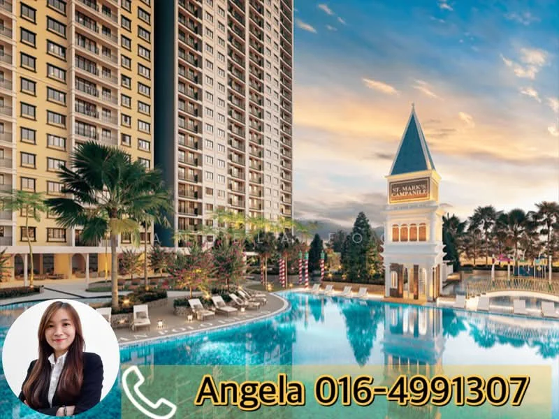 Exterior type: high-rise condominium; features: infinity pool, pool deck with loungers, landscaped garden, palm trees, water feature, clubhouse, modern facade, glass curtain wall, surrounded by greenery, decorative tower, outdoor lighting; style: modern.